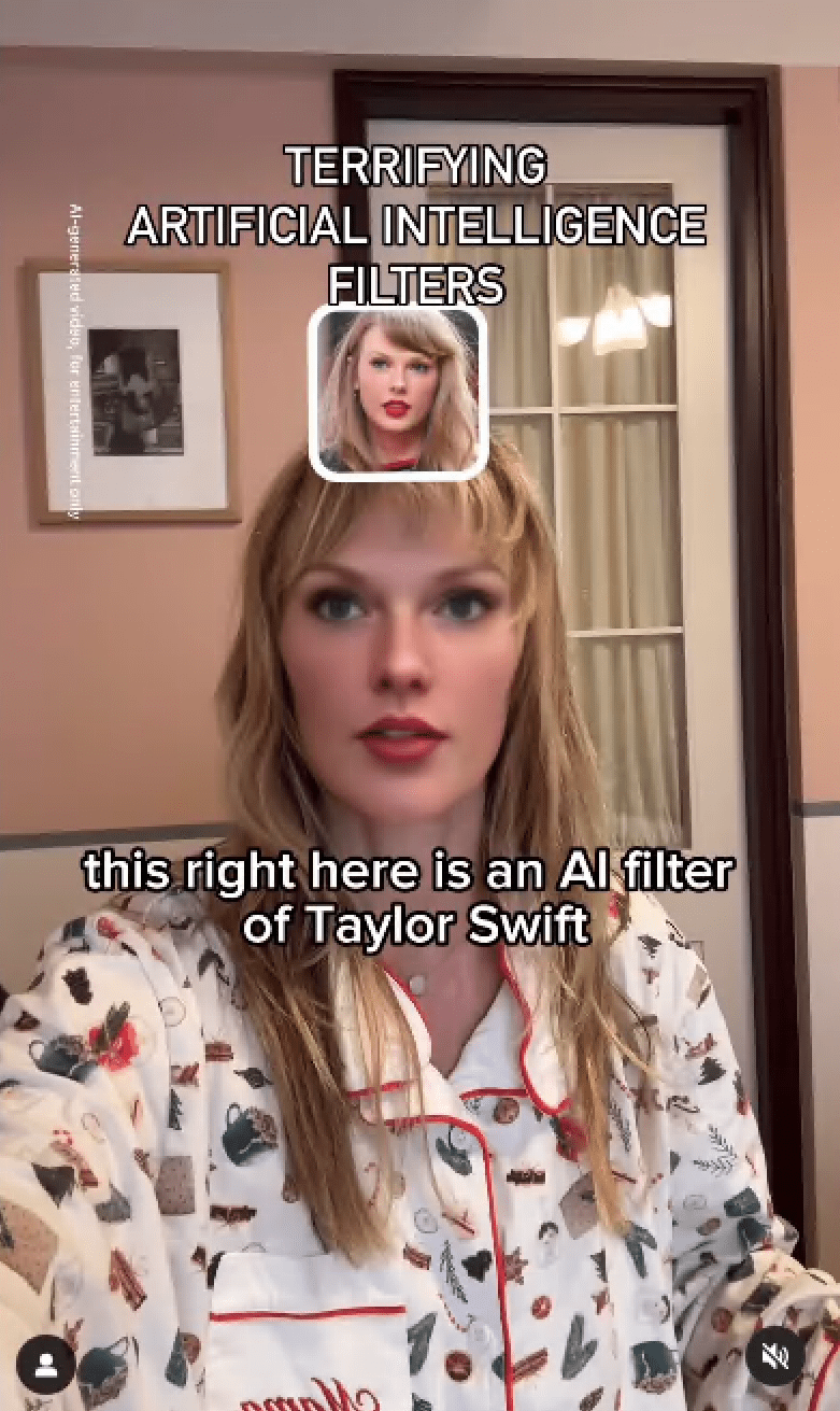 Danae Mercer Ricci using an AI phone filter to change her face to Taylor Swift’s