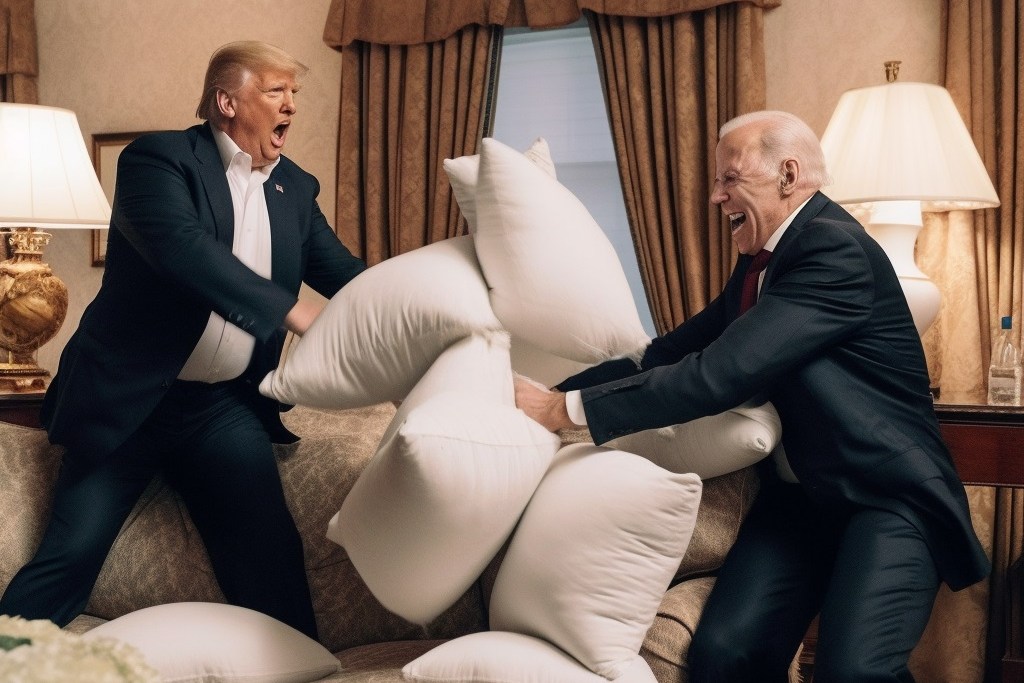 Trump and Biden having an AI-imagined pillow fight