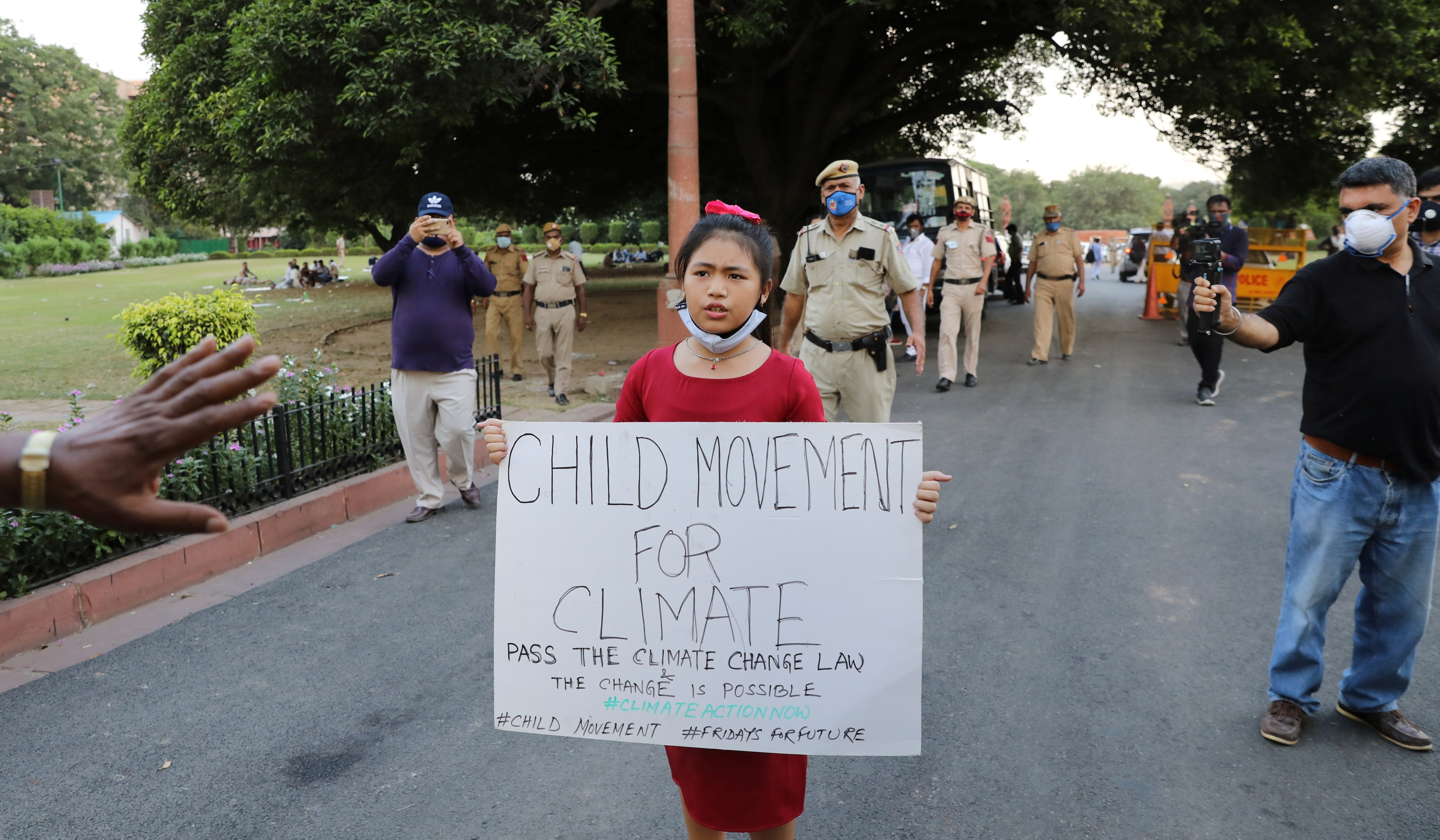 Licypriya Kangujam outside the parliament in New Delhi in 2020